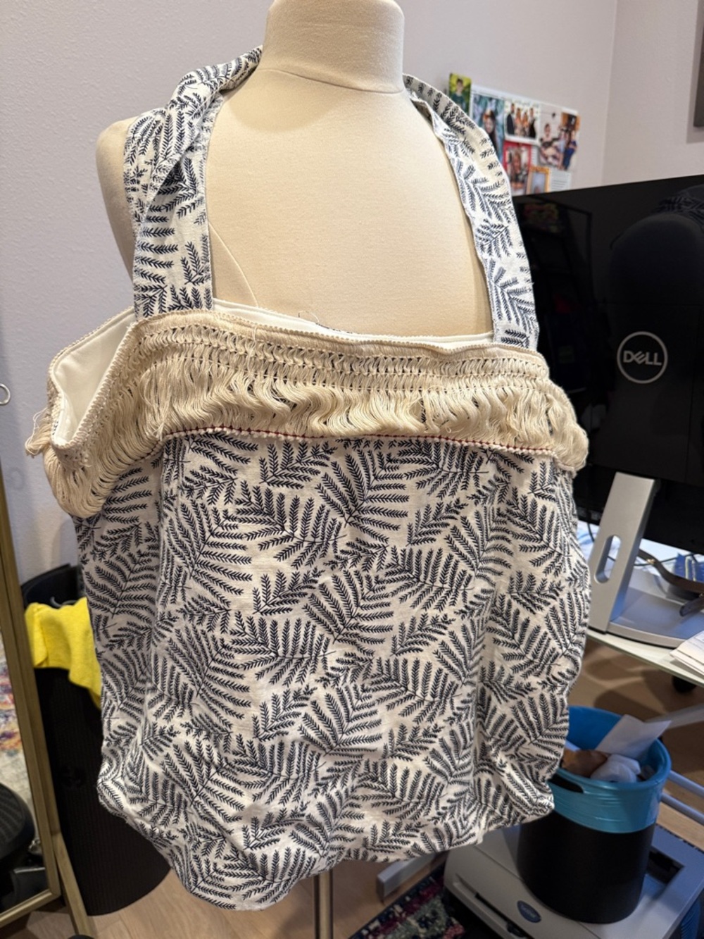 Canvas Fringe Tote Bag with Blue Fern Print